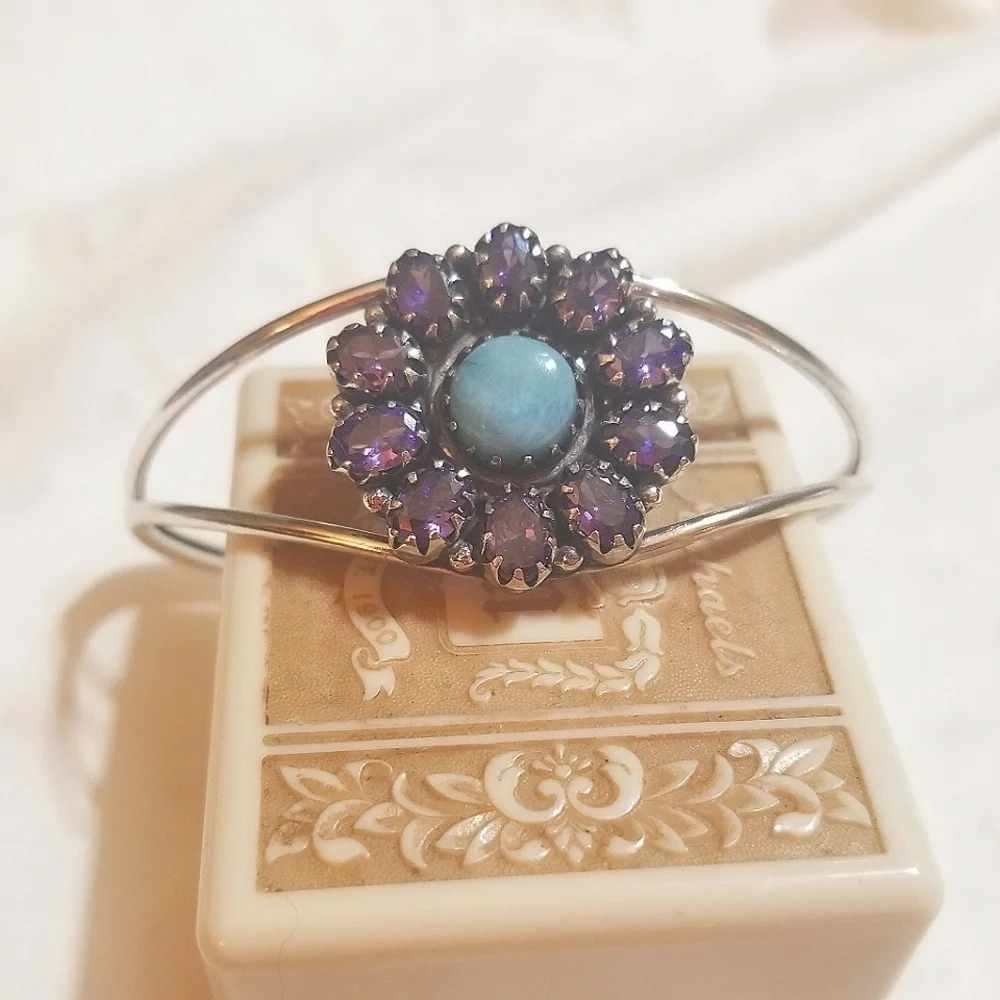 20.91 Carats! TANZANITE LARIMAR Sterling Bangle Bracelet Vintage - Picture 6 of 8